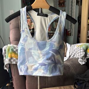Floral Racerback Sports Bra in Blue and White